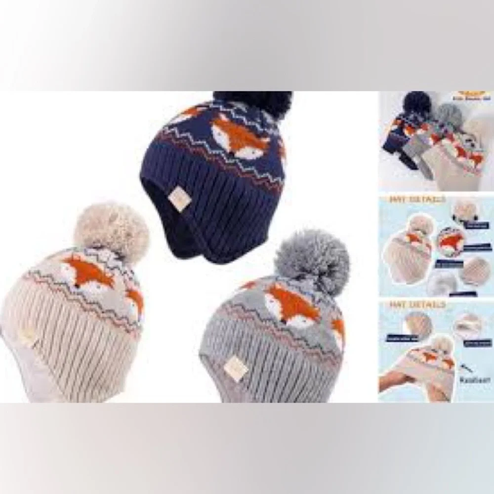 BRAND NEW 1T-2T Kids Fox Pom-Pom Beanie Set - Navy, Gray, Cream